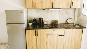 A compact kitchen with wooden cabinets, a stainless steel refrigerator, a sink, and a countertop with a coffee maker and jars. - Beachfront Panorama Double Room in Kythira (Kithira)