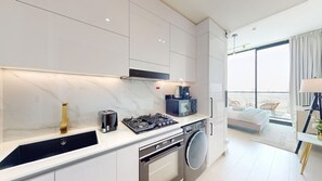 Fridge, microwave, oven, toaster