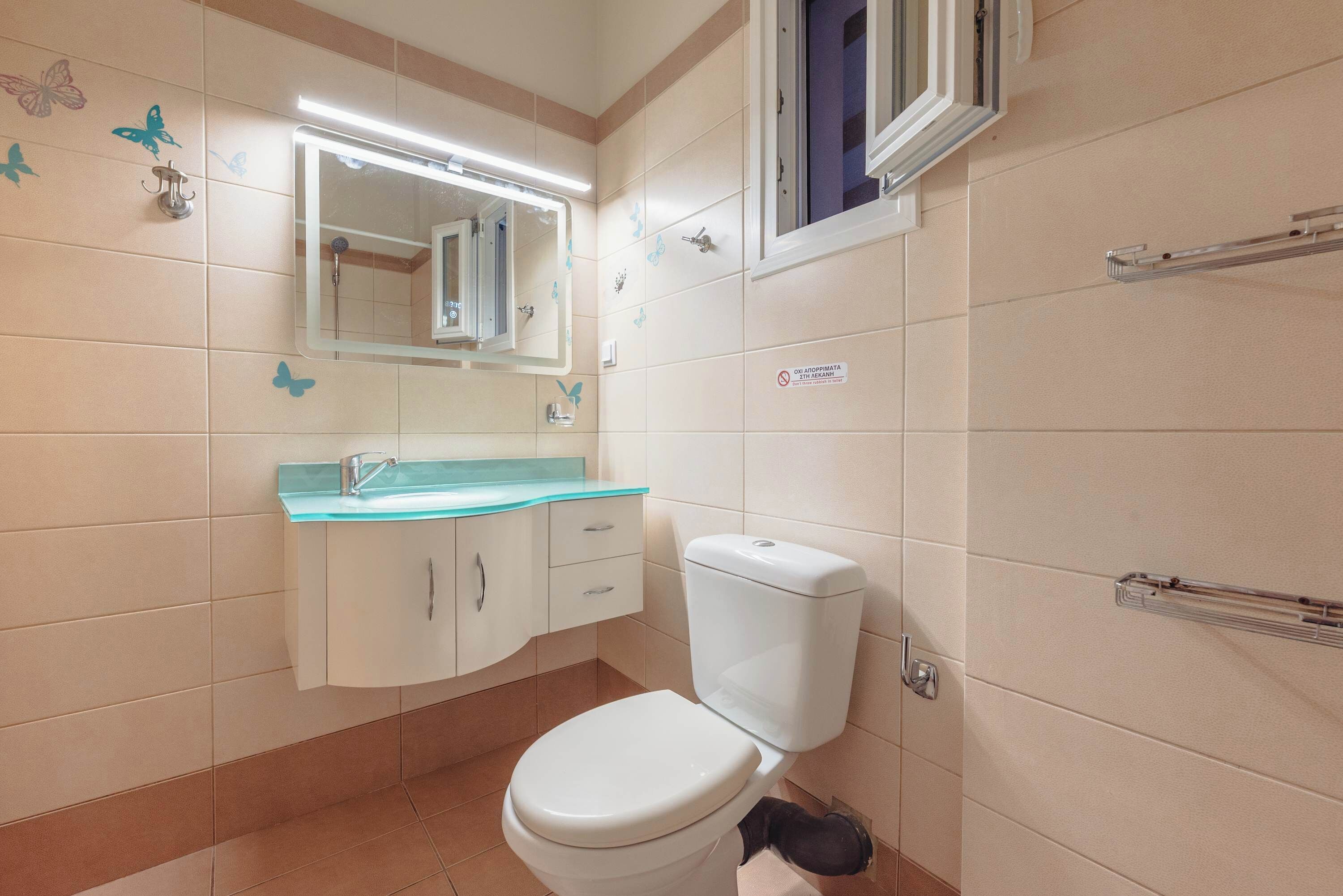 A bathroom with a toilet, a glass-topped sink, a mirror, and a towel rack.