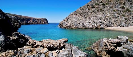 Beach nearby, sun loungers