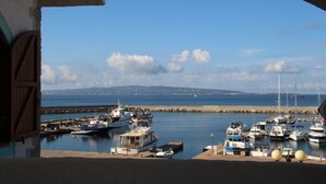 A marina with boats docked, a clear sky, and a distant view of land.