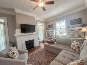 Smart TV, fireplace, books, music library