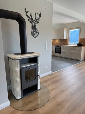 A modern kitchen with a built-in stove, white cabinetry, and a decorative wall piece.