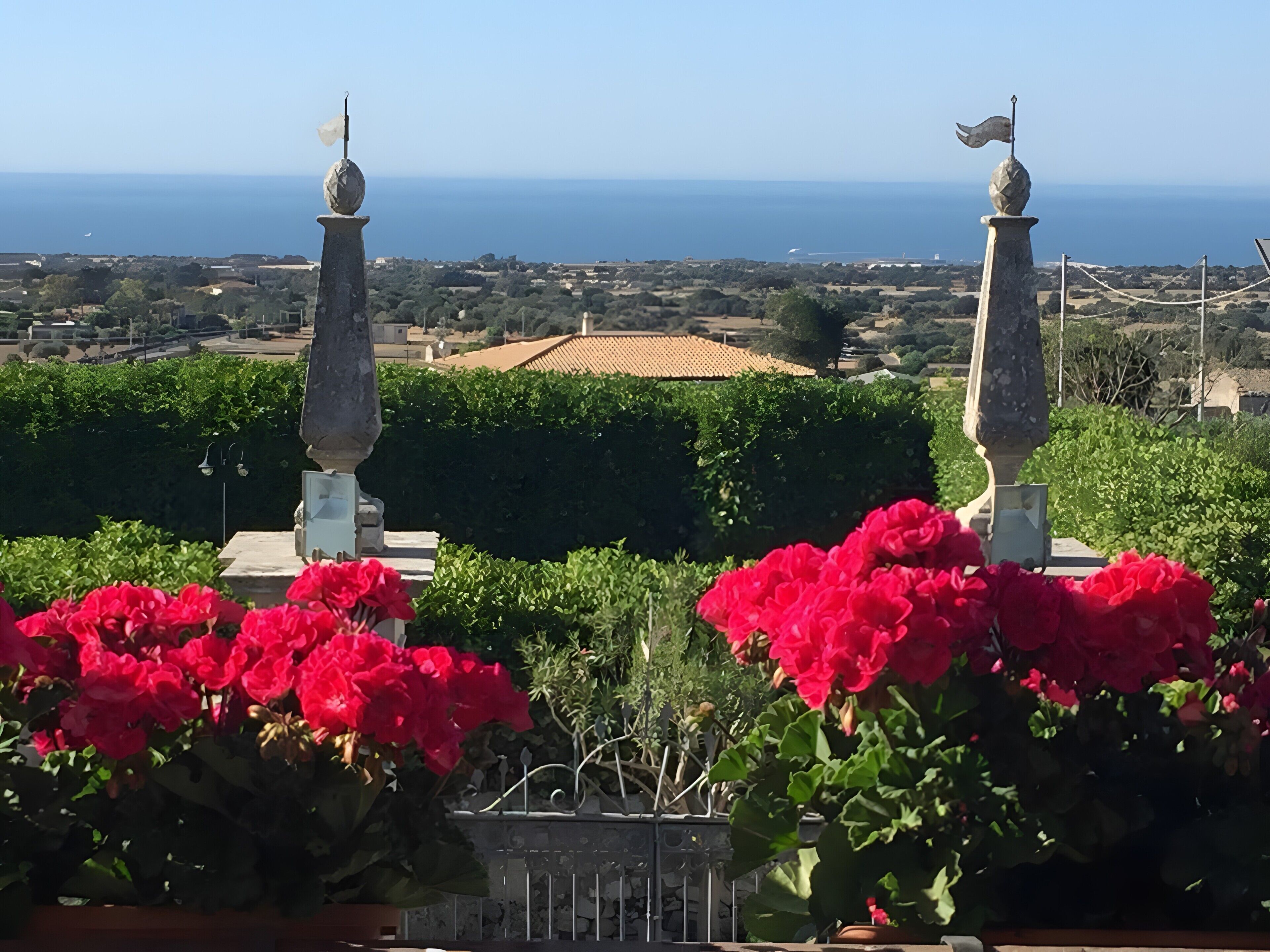 Vista al mar desde un balcón, con flores rojas en primer plano.