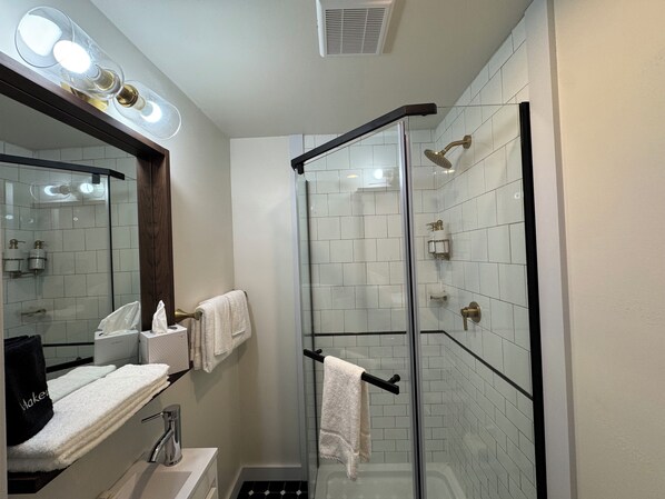 Hair dryer, towels, soap, toilet paper