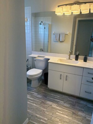 Hair dryer, towels, soap, toilet paper
