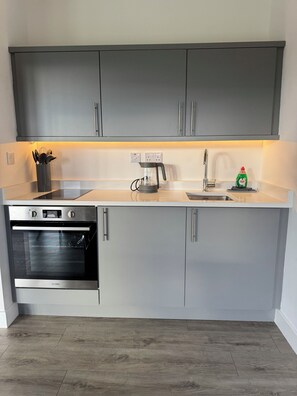 Fridge, oven, electric kettle, toaster