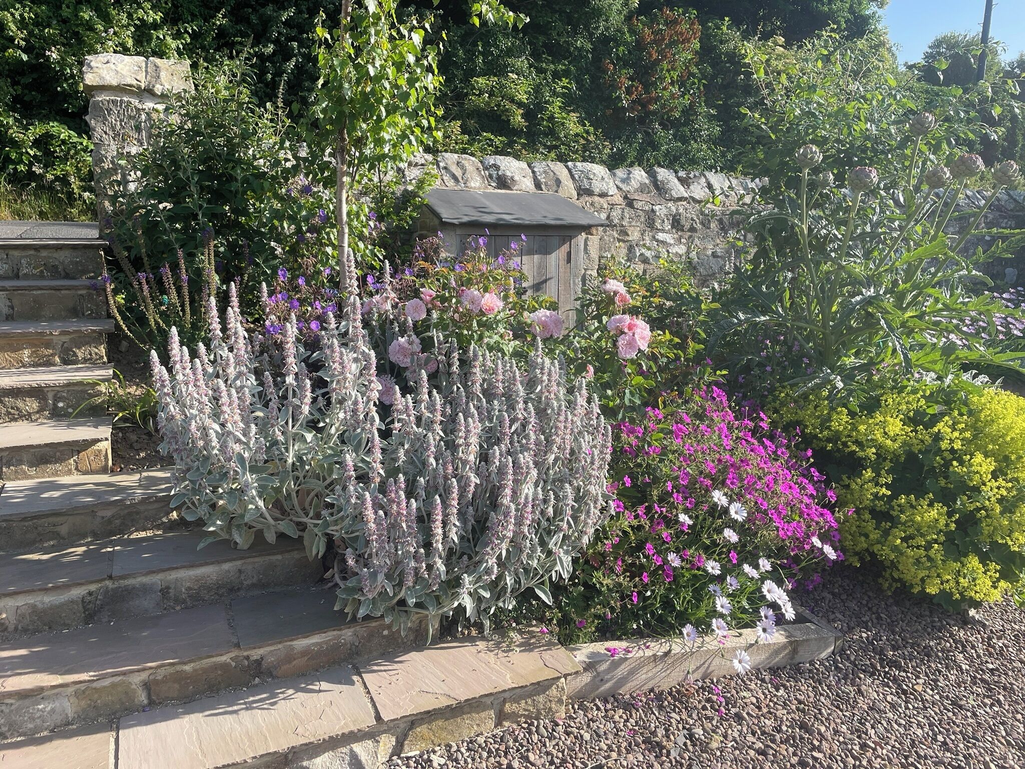 Un jardin avec des marches en pierre menant à une structure en bois.