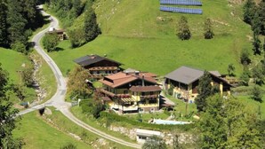 A hillside property with multiple buildings, a winding road, and solar panels.