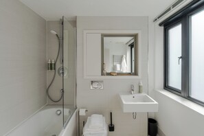 Shower, hair dryer, towels