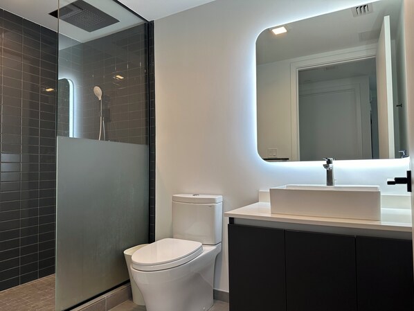 Shower, hair dryer, towels, soap