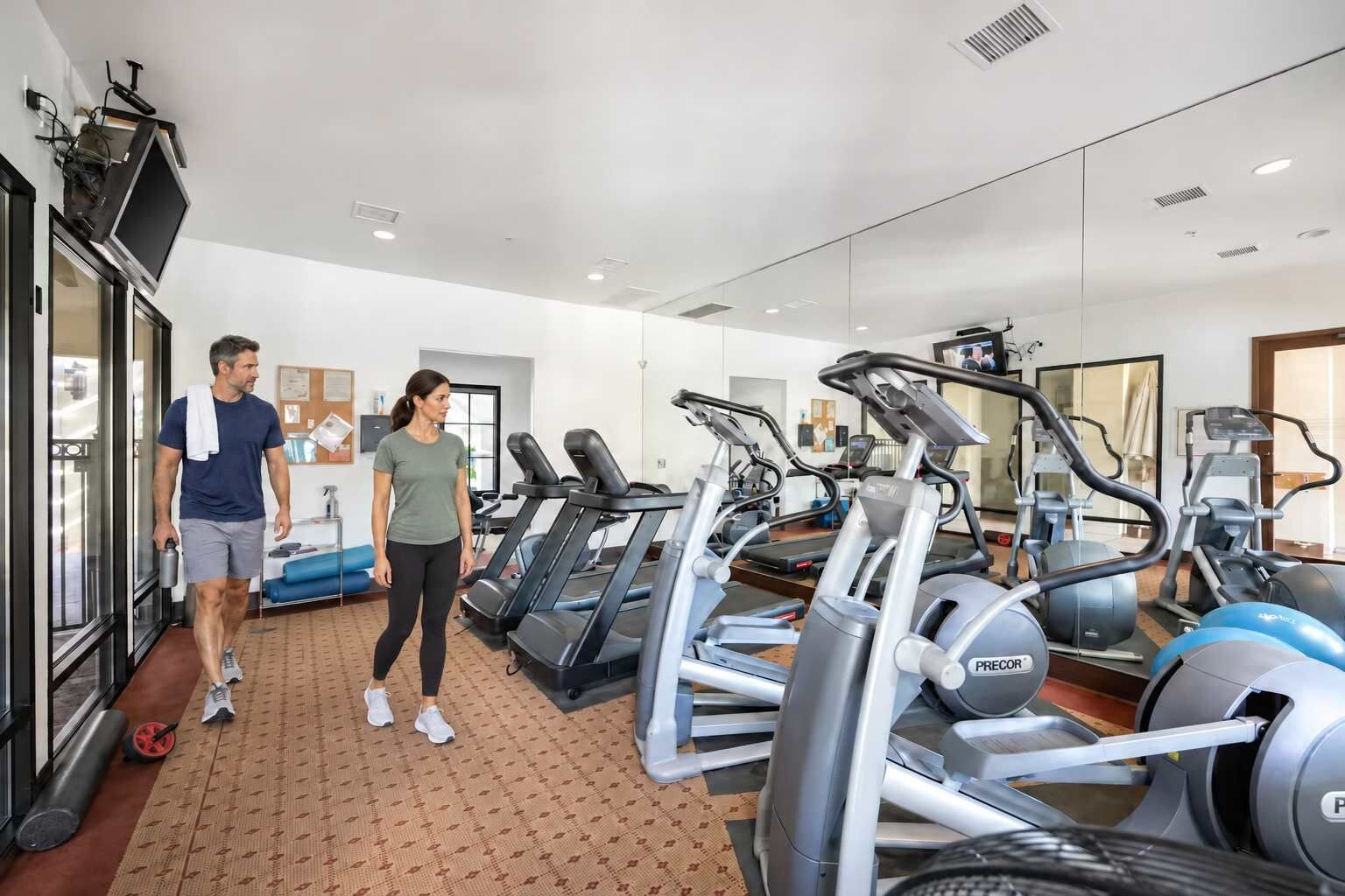 A gym with treadmills, ellipticals, and a mirrored wall.