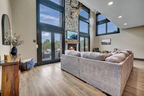 Smart TV, fireplace, video library