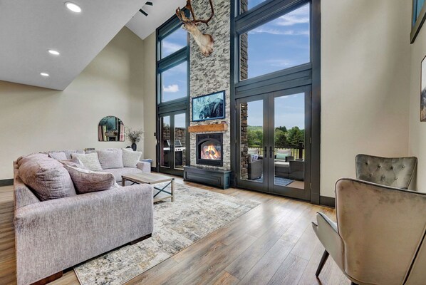 Smart TV, fireplace, video library