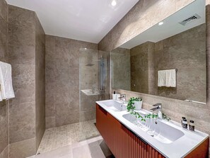 Shower, hair dryer, towels