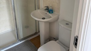Een kleine badkamer met een douchecabine van glas, een wastafel op een voetstuk en een toilet.