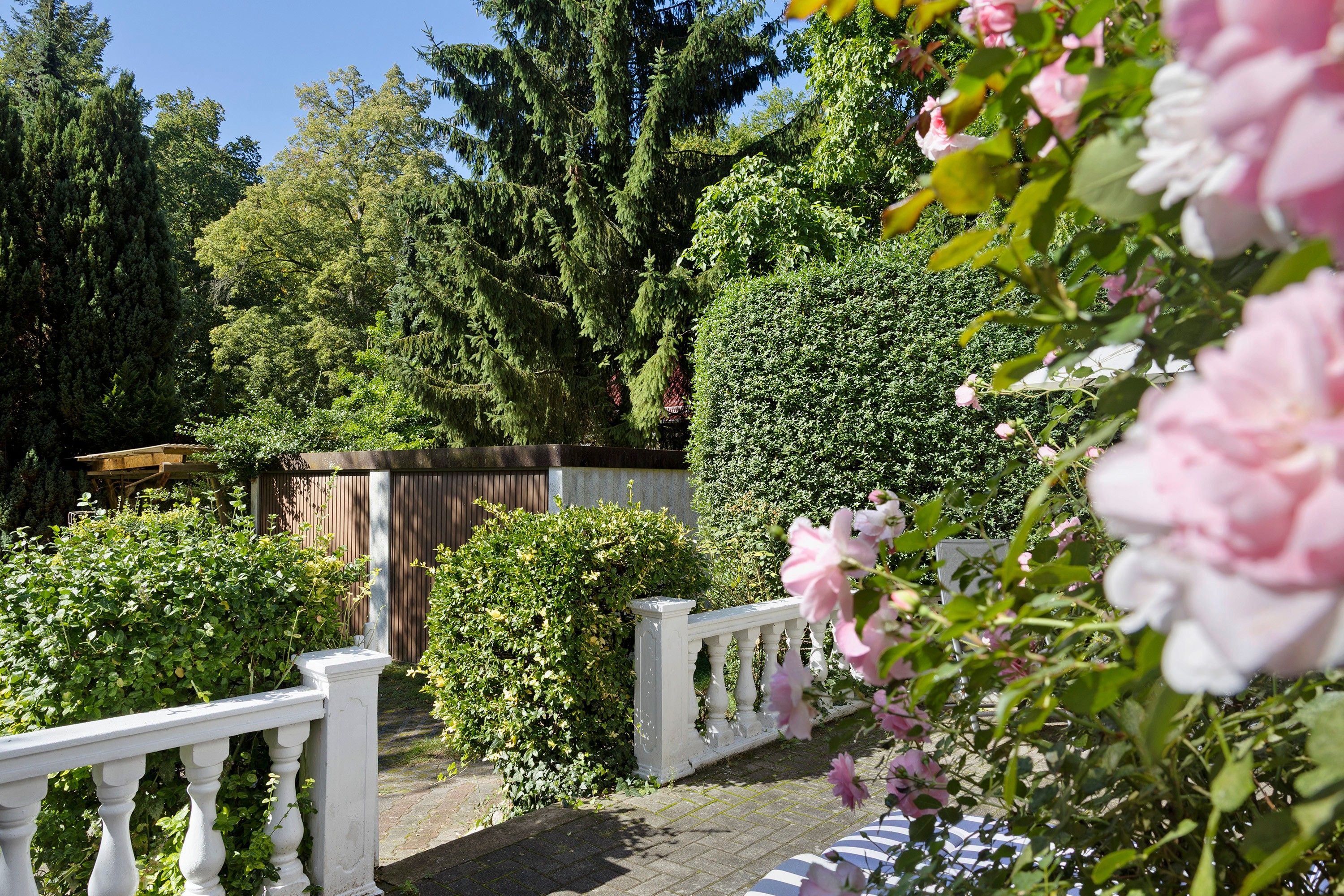 Ein Garten mit Holzzaun, weißem Geländer und verschiedenen Grünpflanzen und Bäumen.