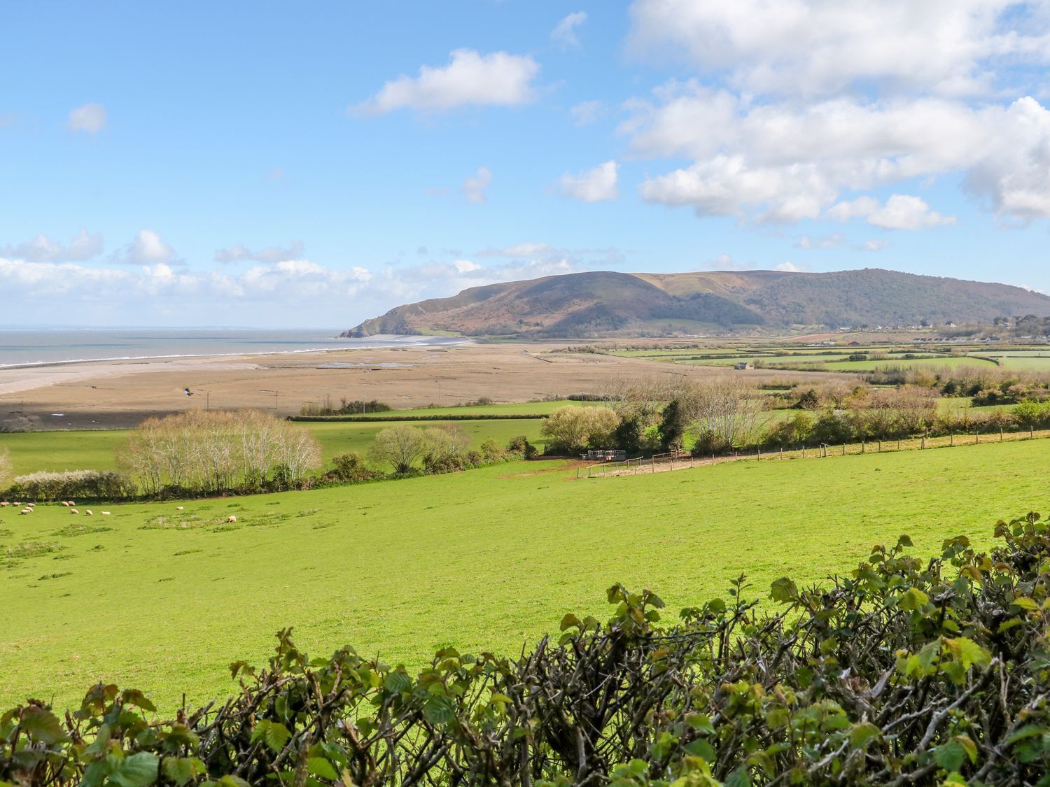 Un paisaje costero con campos verdes, una playa y una colina en la distancia.