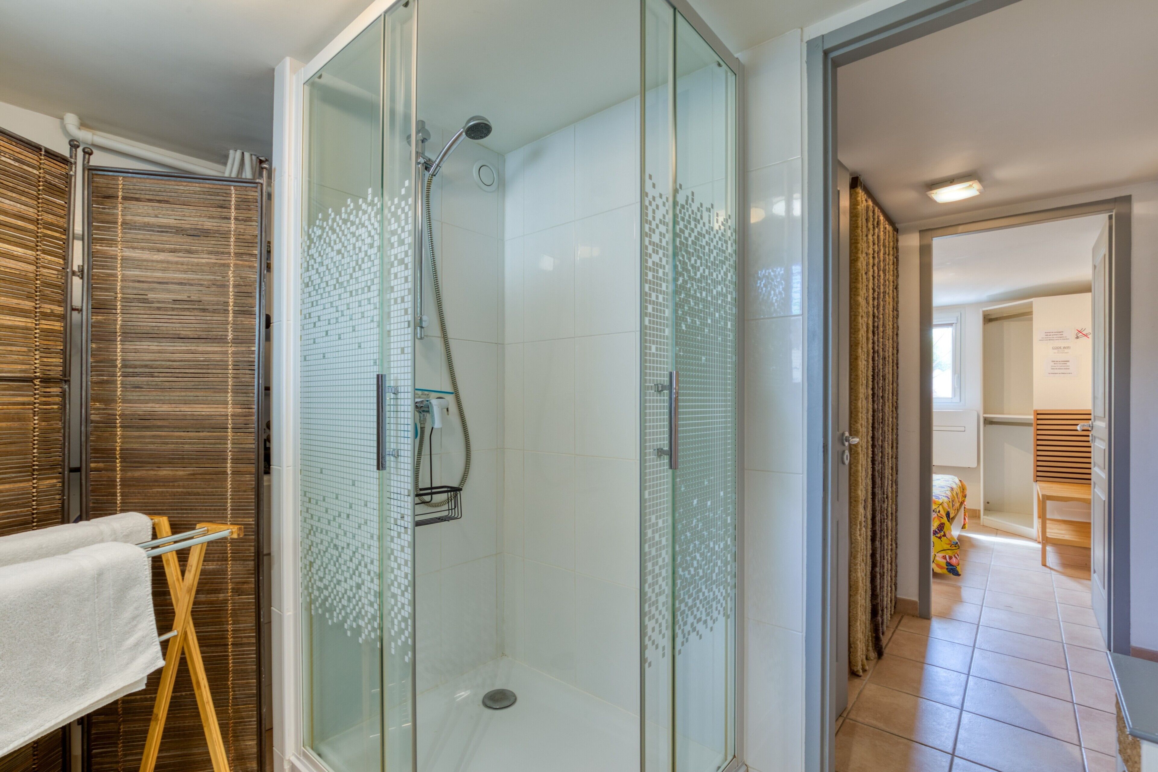 Shower, hair dryer, towels