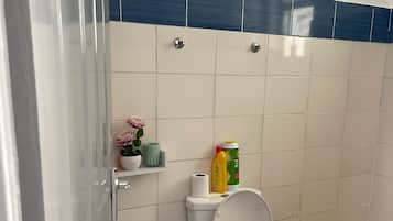 Shower, towels, soap, toilet paper