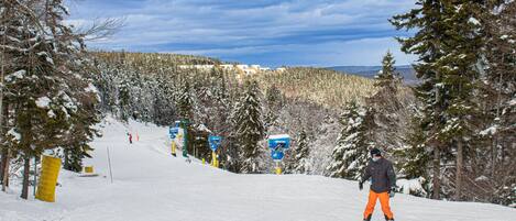 A snowy ski slope with a skier in orange pants and a black jacket.