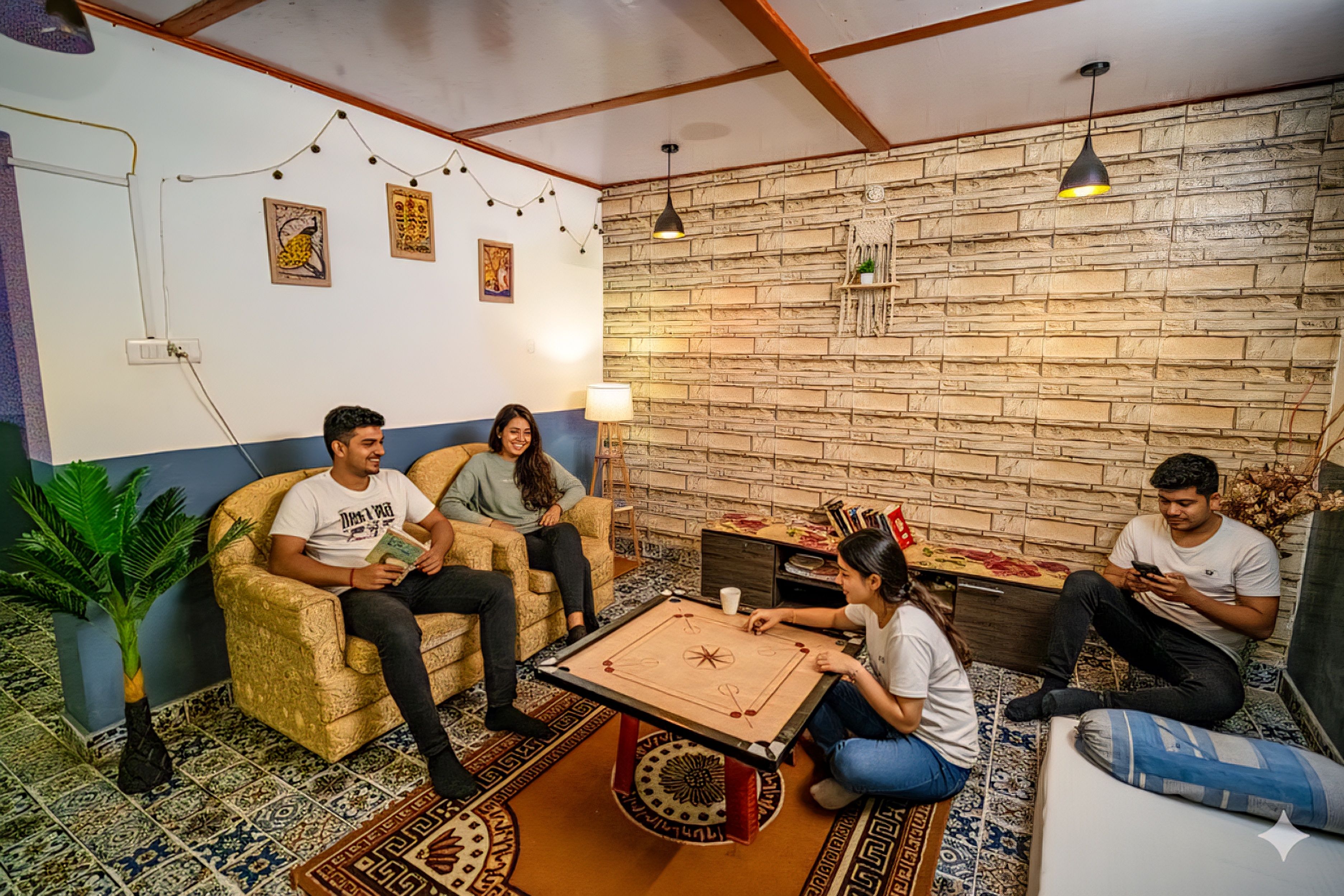Ein Zimmer mit einer Steinwand, einem runden Tisch und vier Personen, die Platz nehmen.
