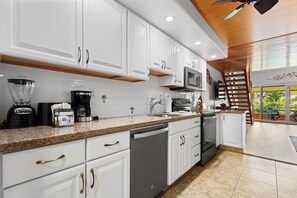 Fridge, microwave, dishwasher, coffee/tea maker