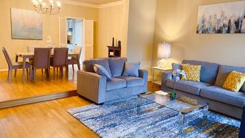 Smart TV, fireplace, books