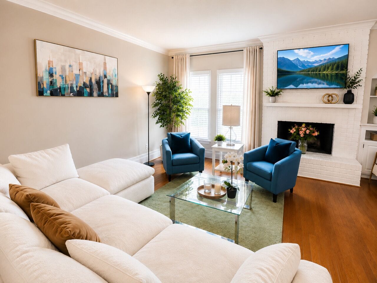 Smart TV, fireplace, books