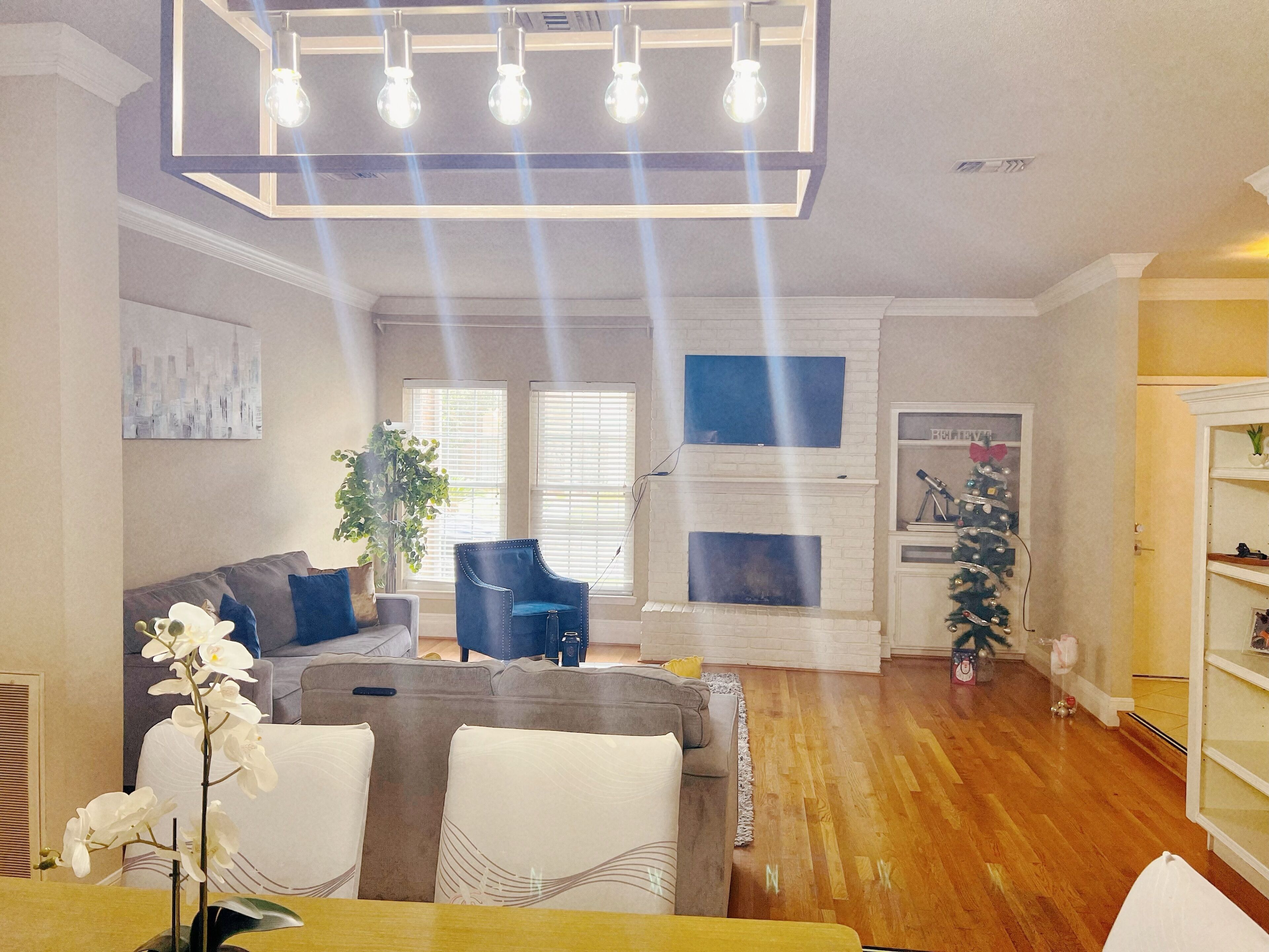 Smart TV, fireplace, books