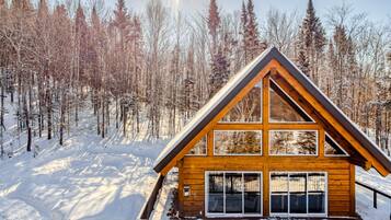 A wooden cabin with a sloped roof, large windows, and a deck.