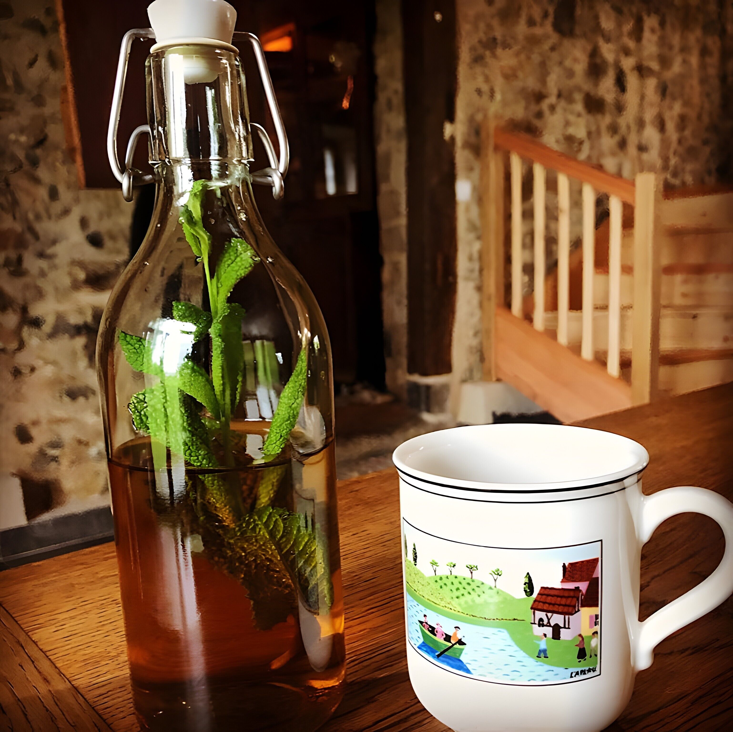 Une bouteille en verre transparent avec un bouchon blanc, une tasse blanche ornée d’un motif représentant un paysage et une chaise en bois.