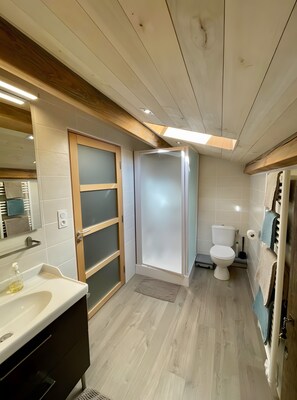 Un baño moderno con techo de madera, cabina de ducha de vidrio, inodoro y lavamanos con espejo.