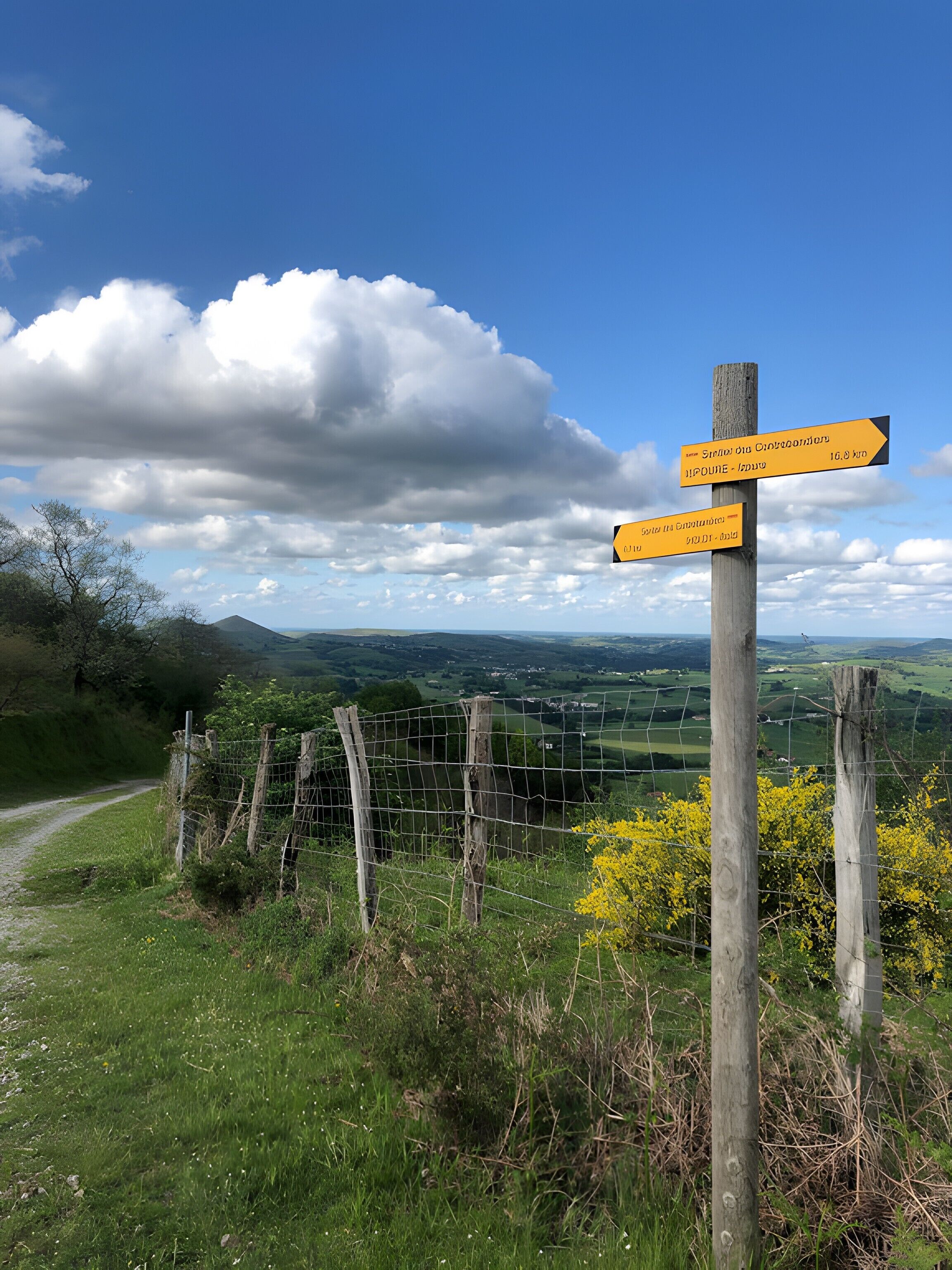 A wooden signpost with directional arrows, a grassy path, and a wire fence.