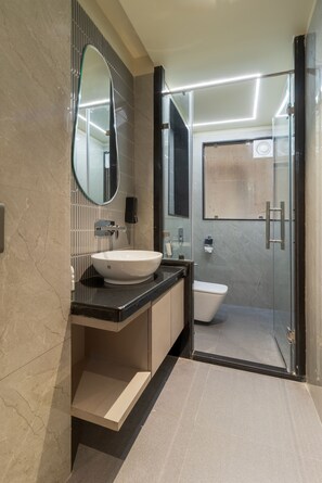 Hair dryer, bidet, towels, soap
