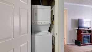 Ein Waschraum mit einer weißen Waschmaschine und einem Trockner, einem Fernseher auf einem Holztisch und einem Kamin.