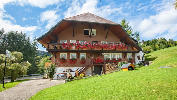 A large, two-story building with a balcony, surrounded by greenery and a clear sky. - Apartment 1 with Shared Garden, Balcony and Wi-Fi (Todtmoos)