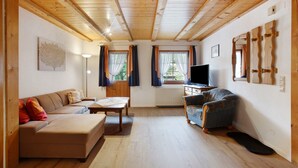 A wooden-paneled room with a sofa, a chair, a table, a TV, and a radiator. - Apartment 1 with Shared Garden, Balcony and Wi-Fi (Todtmoos)