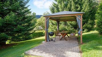 Een overdekt terras met een tafel, stoelen, een barbecue en een geplaveid pad.