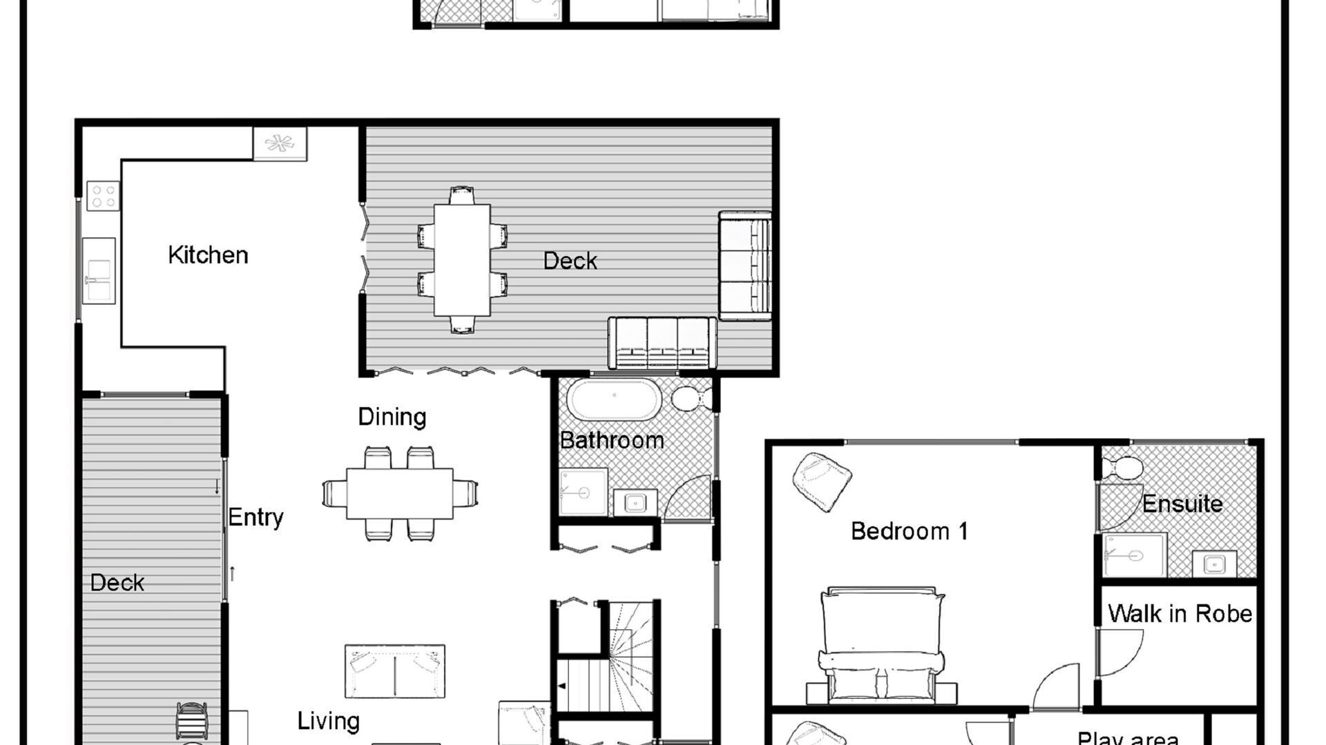 Un plan d’étage comprenant une cuisine, un coin repas, un salon, deux chambres, une salle de bain et une terrasse.