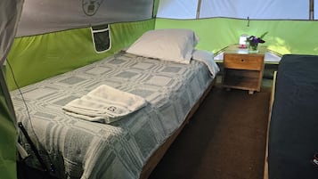 Acomodação em tenda com uma cama de solteiro, mesa de cabeceira com luminária e uma pequena mesa com uma planta.