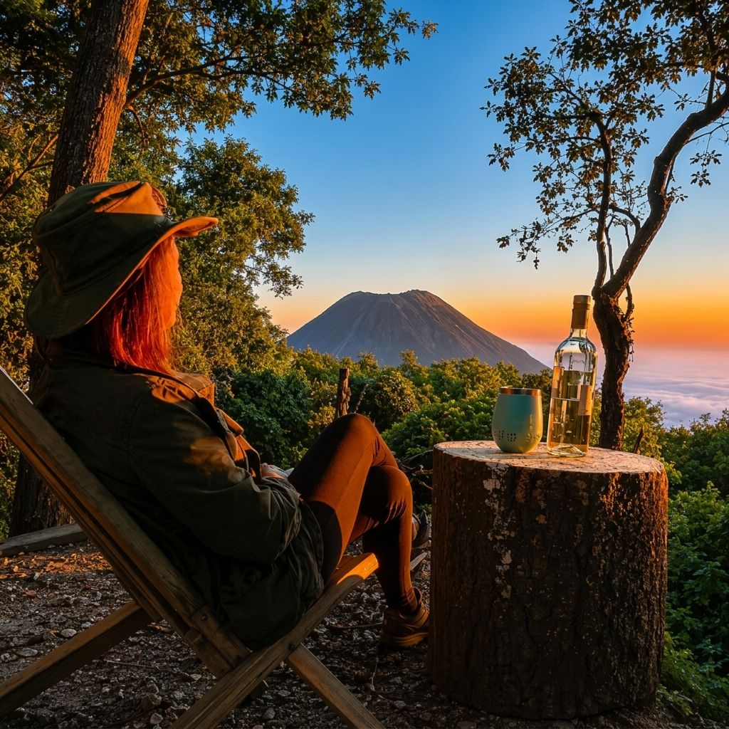Uma pessoa sentada em uma cadeira ao ar livre, com vista para uma montanha e uma garrafa sobre um toco de árvore.
