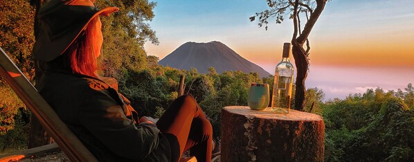 Una persona sentada en un banco mirando una montaña, con una botella y un vaso sobre un tocón de árbol.
