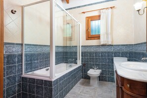 Shower, hair dryer, bidet, towels