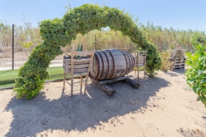 A rustic outdoor setting with a barrel, wooden fence, and greenery.
