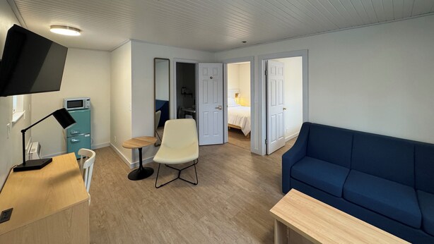 A room with a blue sofa, a wooden table, a white chair, a TV, and a microwave. - Waterfall Cottage at GOTL (Geneva)