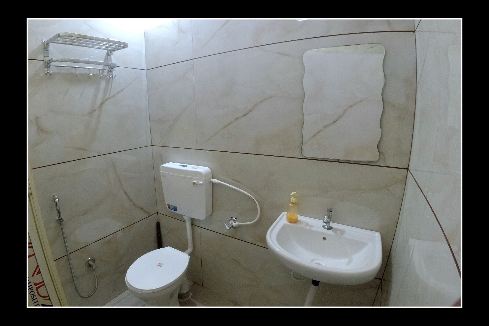 Shower, hair dryer, slippers, towels