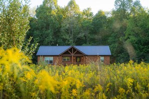 Eine Holzhütte mit Metallbedachung, umgeben von dichtem Wald und gelben Wildblumen.