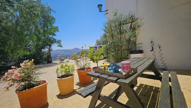 A patio with potted plants, a wooden table with cups and a tray, and a view of mountains in the background.