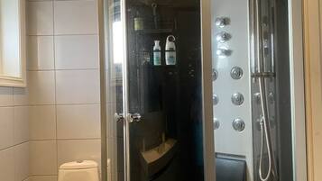 Hair dryer, towels, soap, shampoo